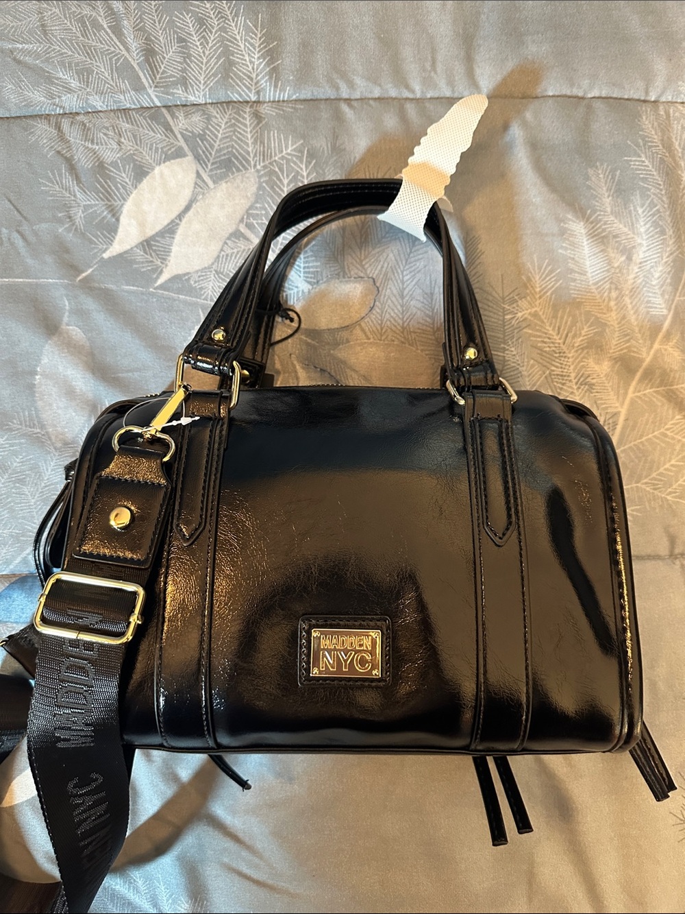 NWTS Madden NYC Black Patent Satchel Bag w/ guitar strap